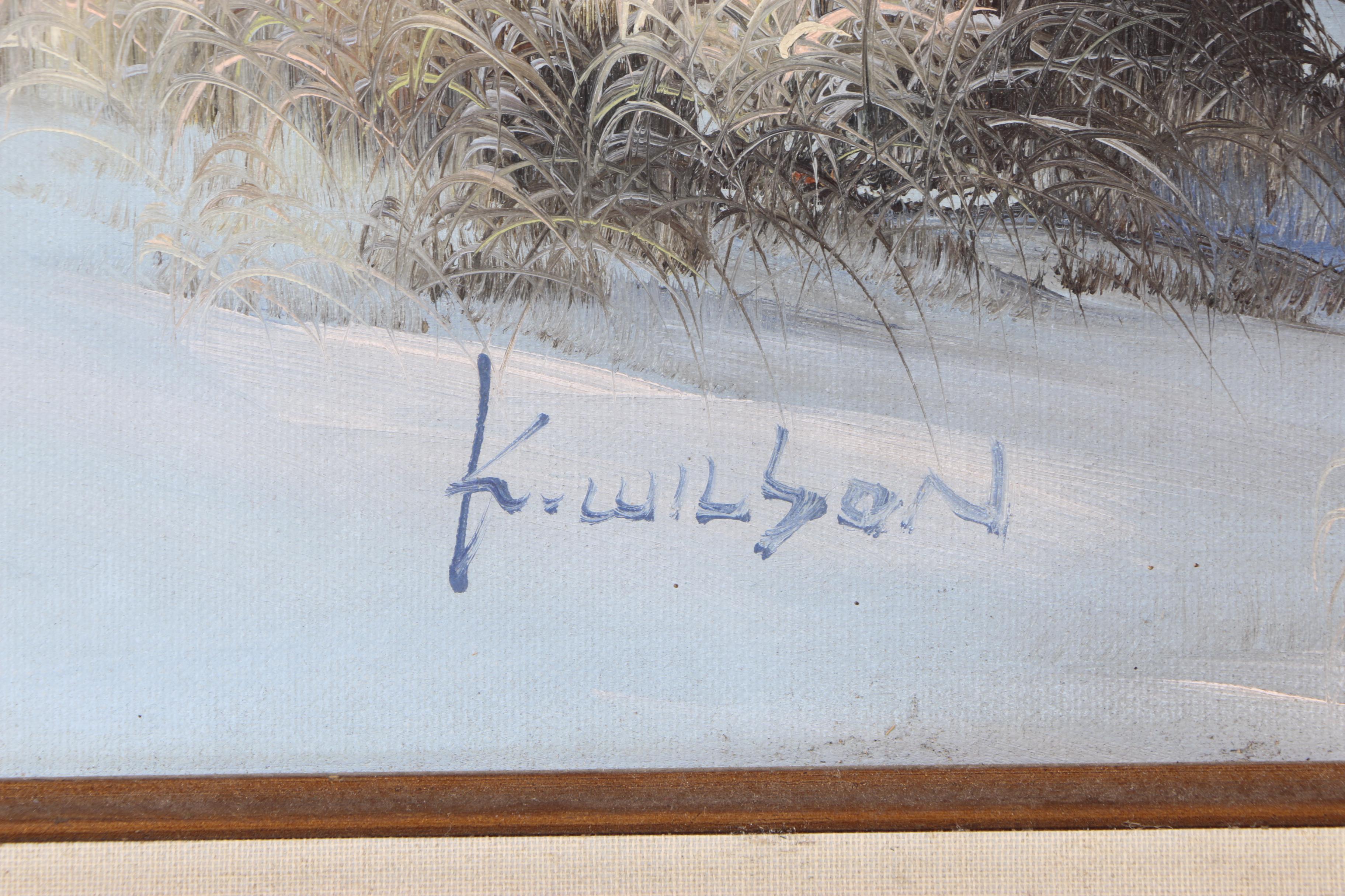 K. Wilson Oil Painting on Canvas of Seascape with Beach and Lighthouse