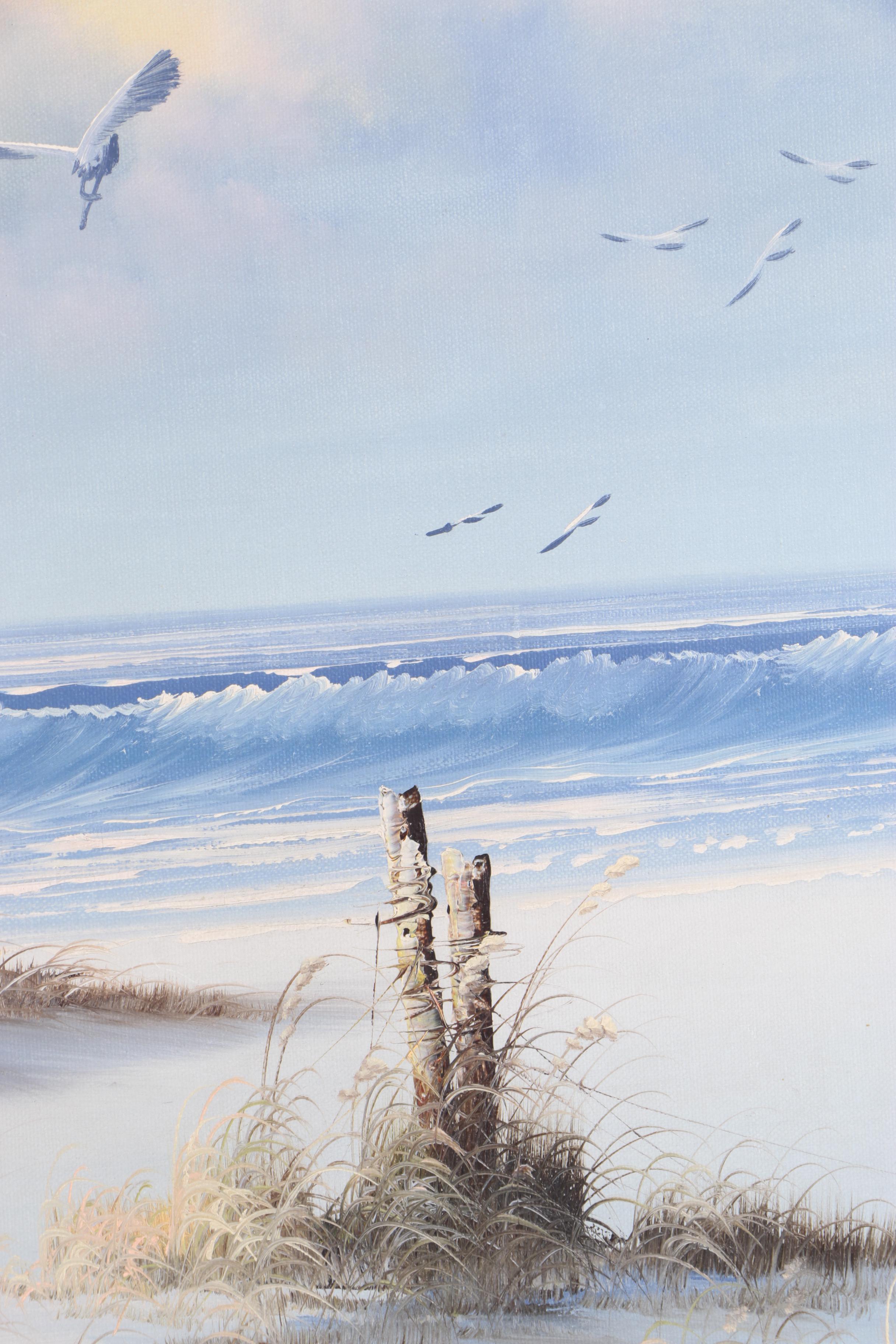 K. Wilson Oil Painting on Canvas of Seascape with Beach and Lighthouse