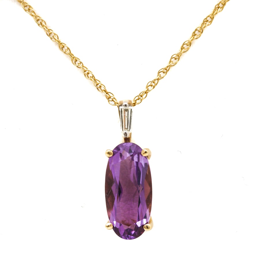 14K Yellow Gold Amethyst and Diamond Pendant Necklace