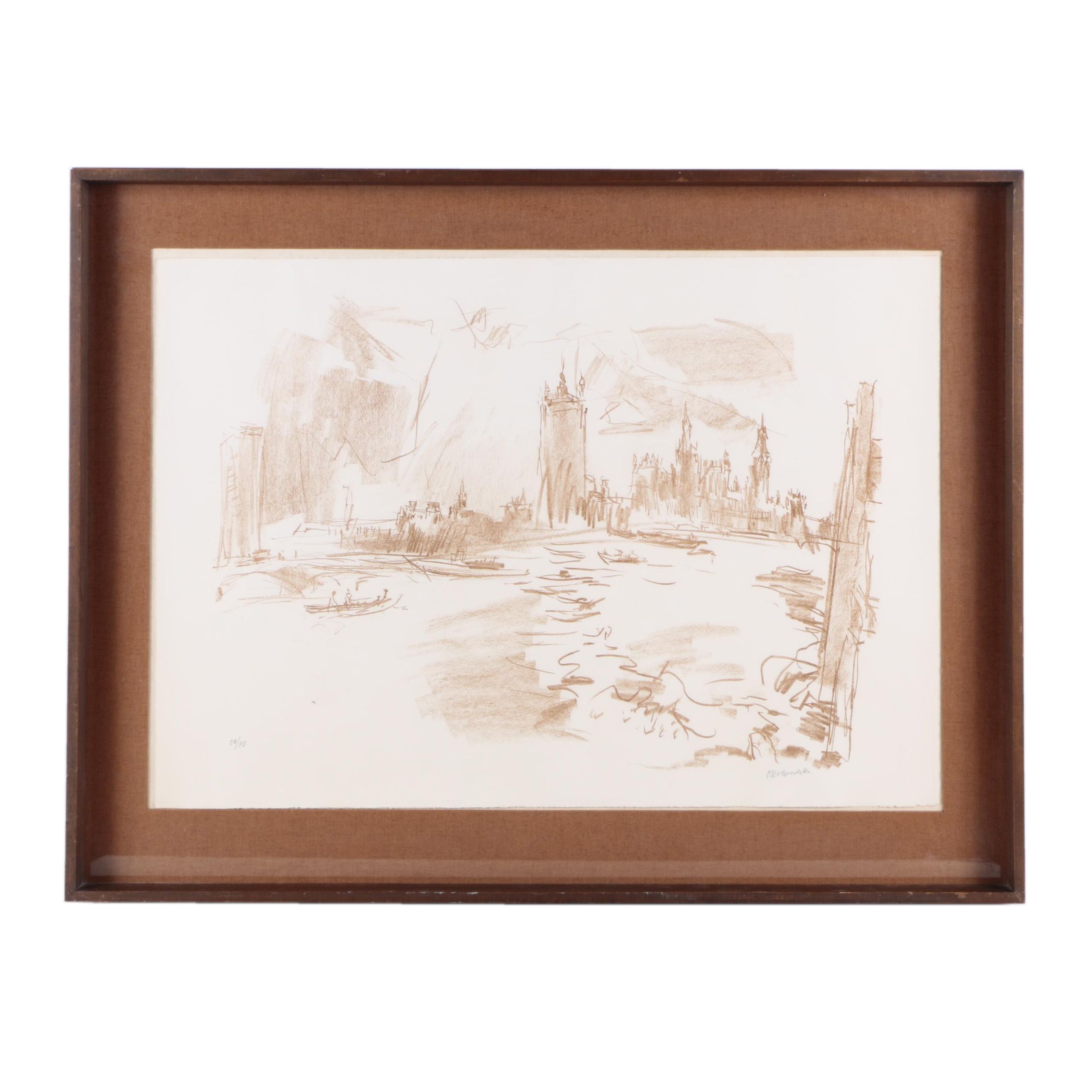 Abstract Limited Edition Lithograph on Paper of a City