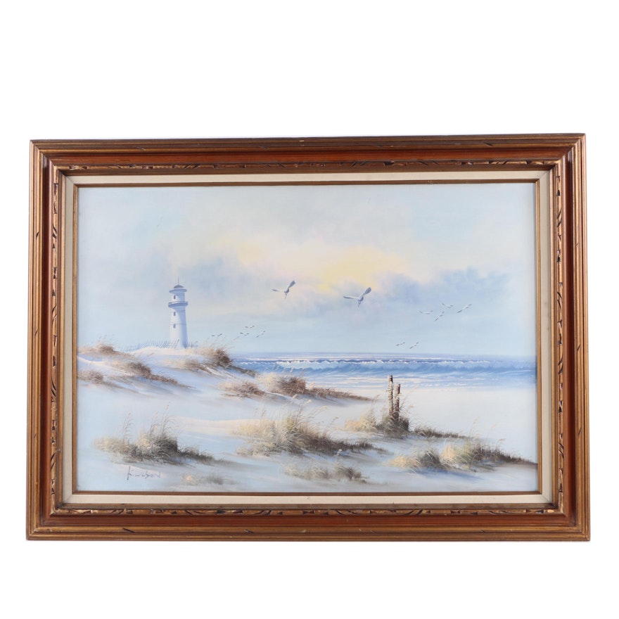 K. Wilson Oil Painting on Canvas of Seascape with Beach and Lighthouse