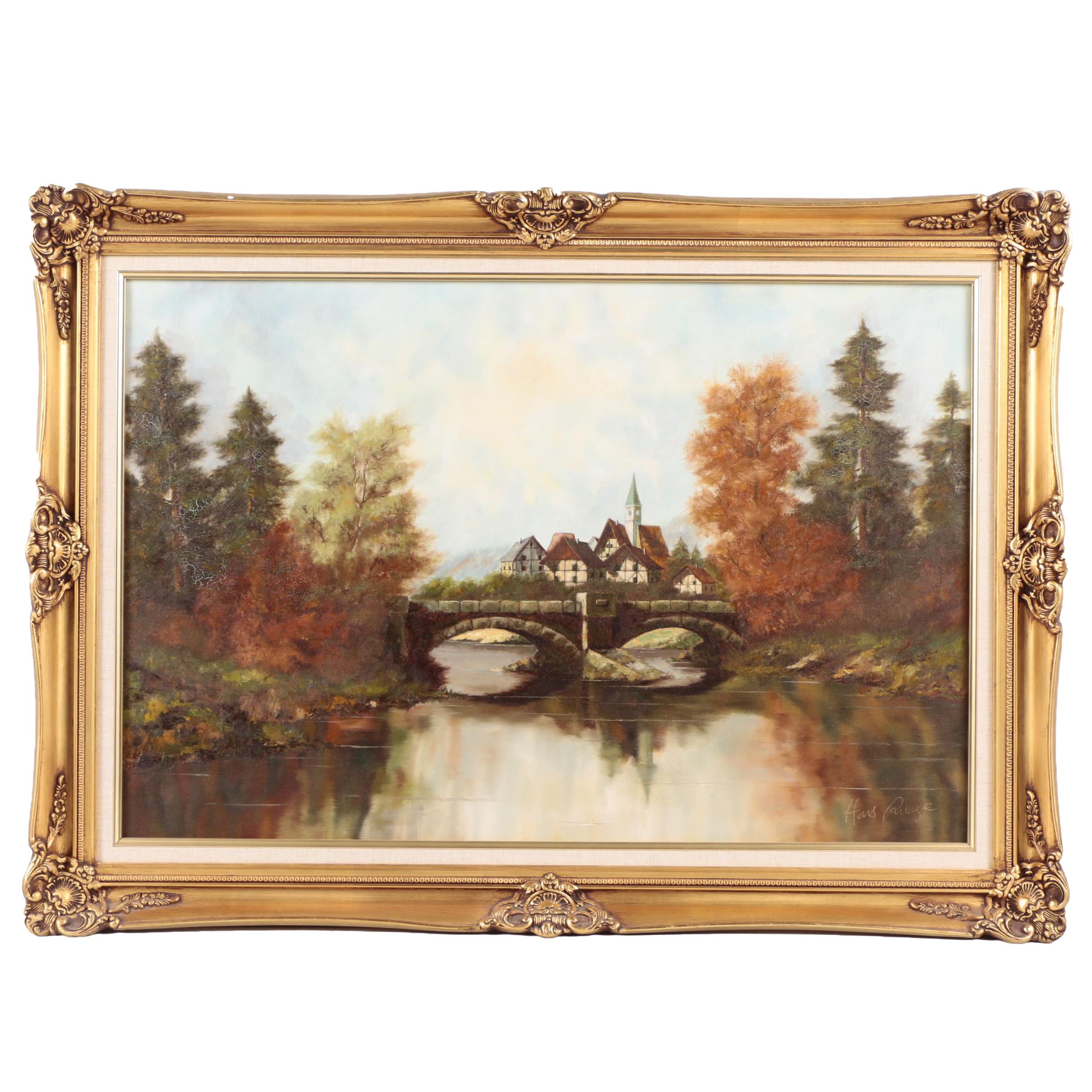 Hans Runge Oil Painting on Canvas of German Village in Autumn