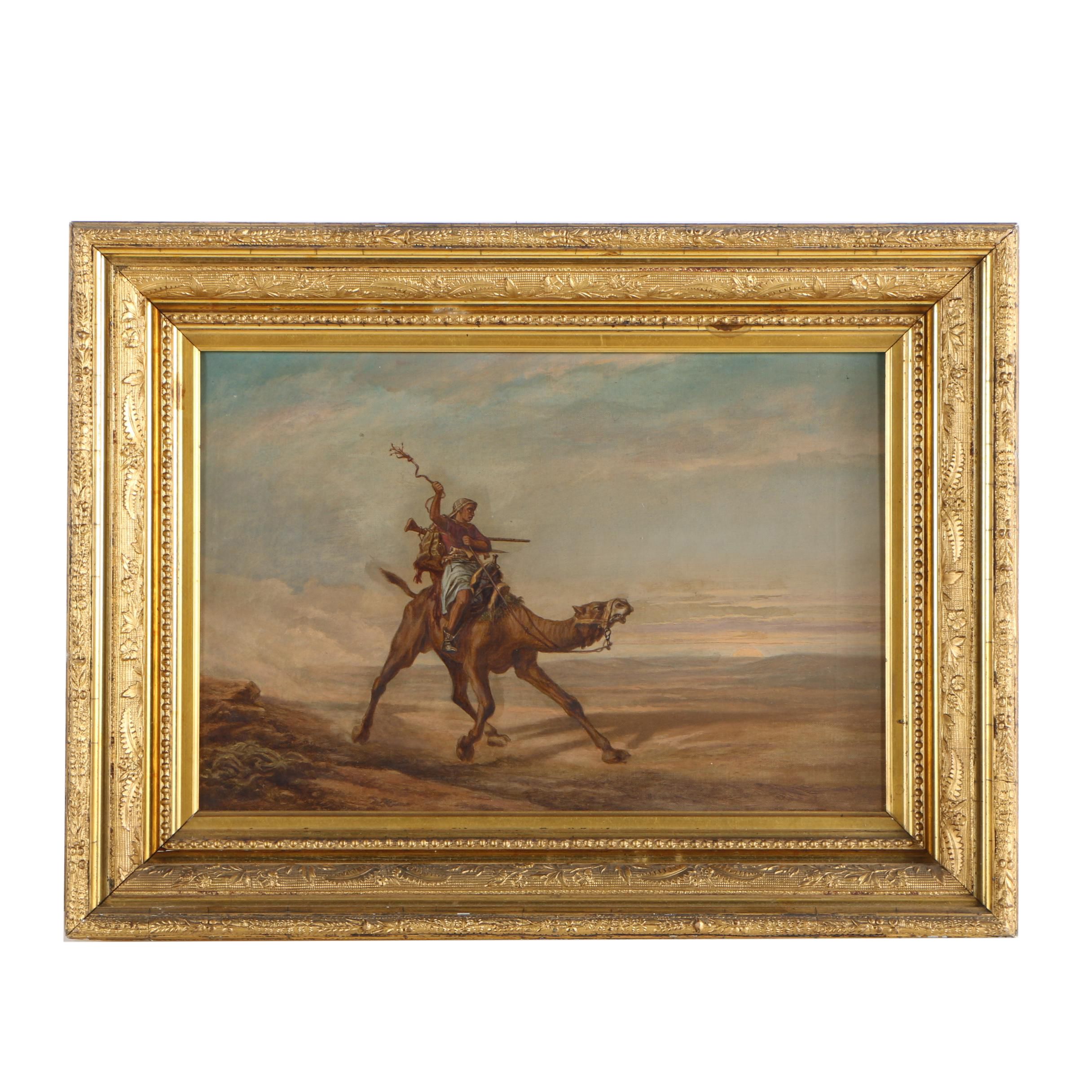 Turn-of-the-Century Orientalist Oil Painting on Canvas of Man on Camel