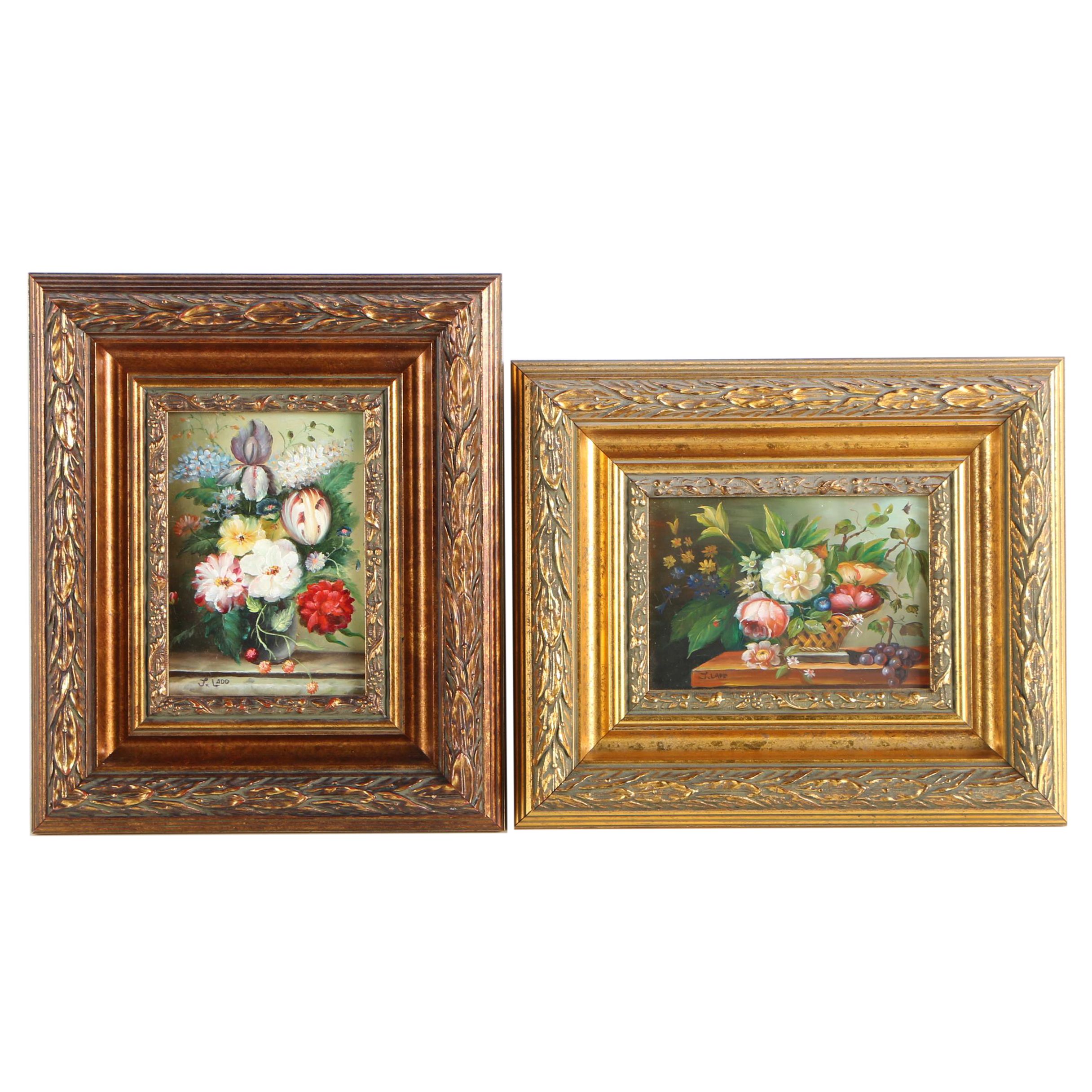 Pair of J. Ladd Oil Paintings on Board of Floral Still Life Scenes