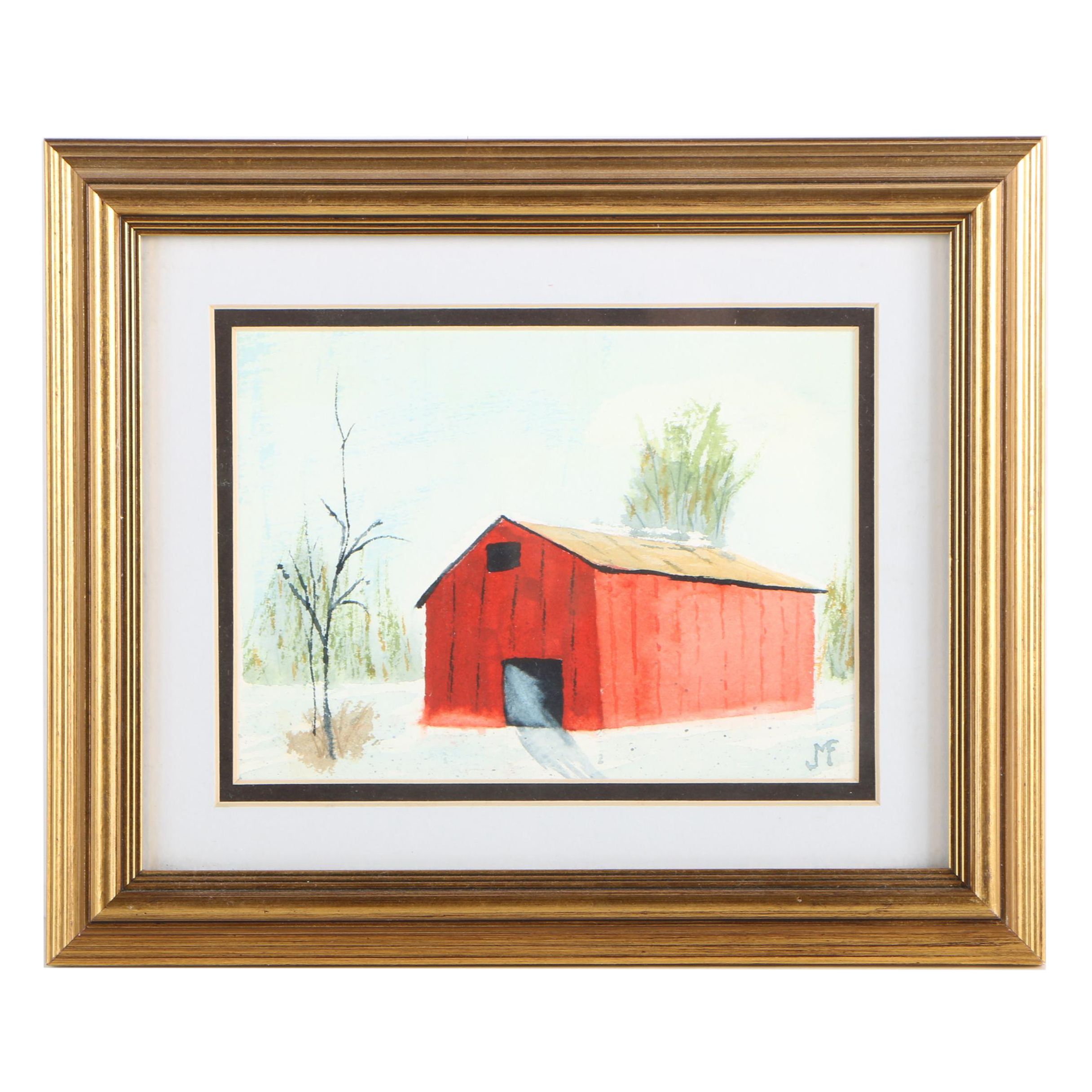 J.M.F. Watercolor Painting on Paper of Winter Landscape with Red Barn