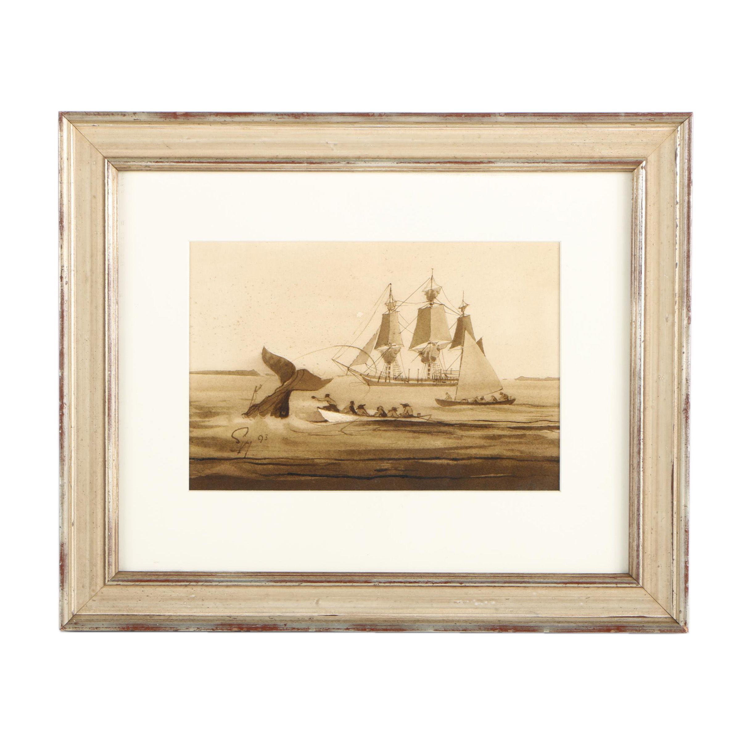 Watercolor Painting on Paper Depicting Whale Hunt