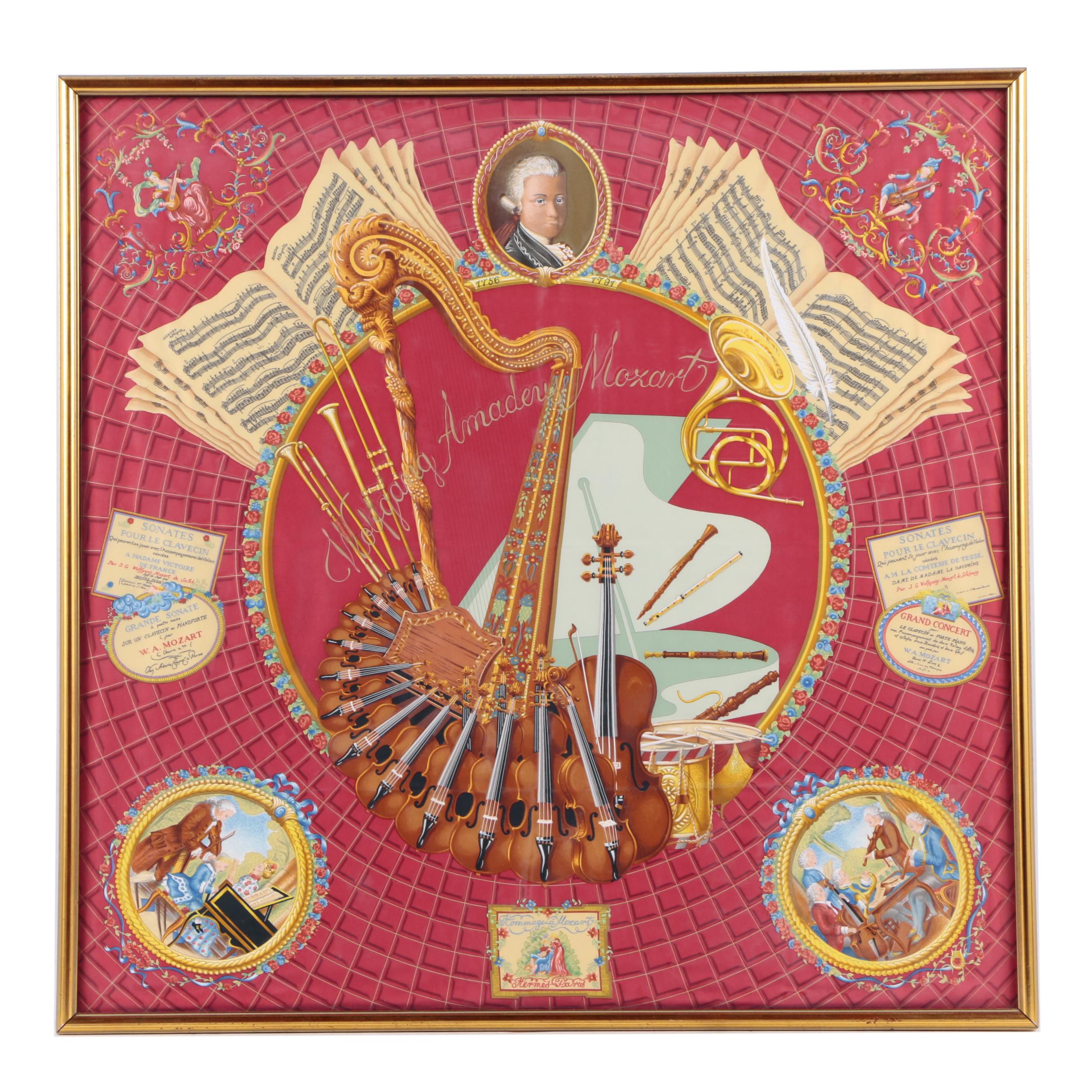 Vintage Silk Scarf Designed after Julie Abadie "Hommage a Mozart"
