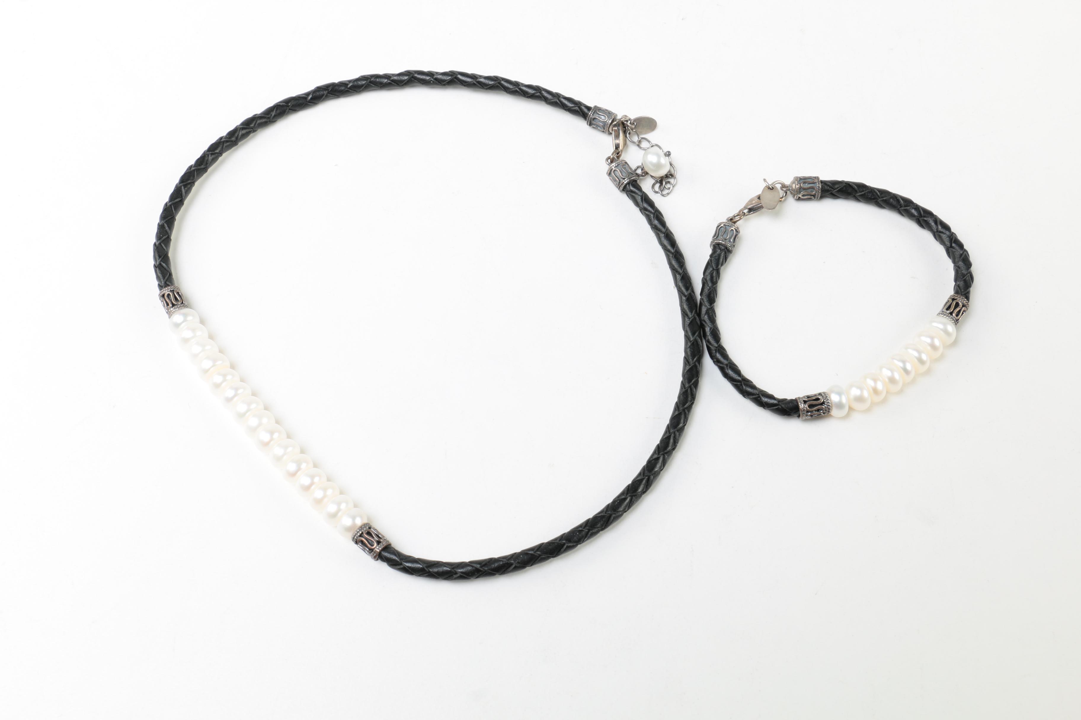Sterling Silver Button Pearl and Leather Demi Parure