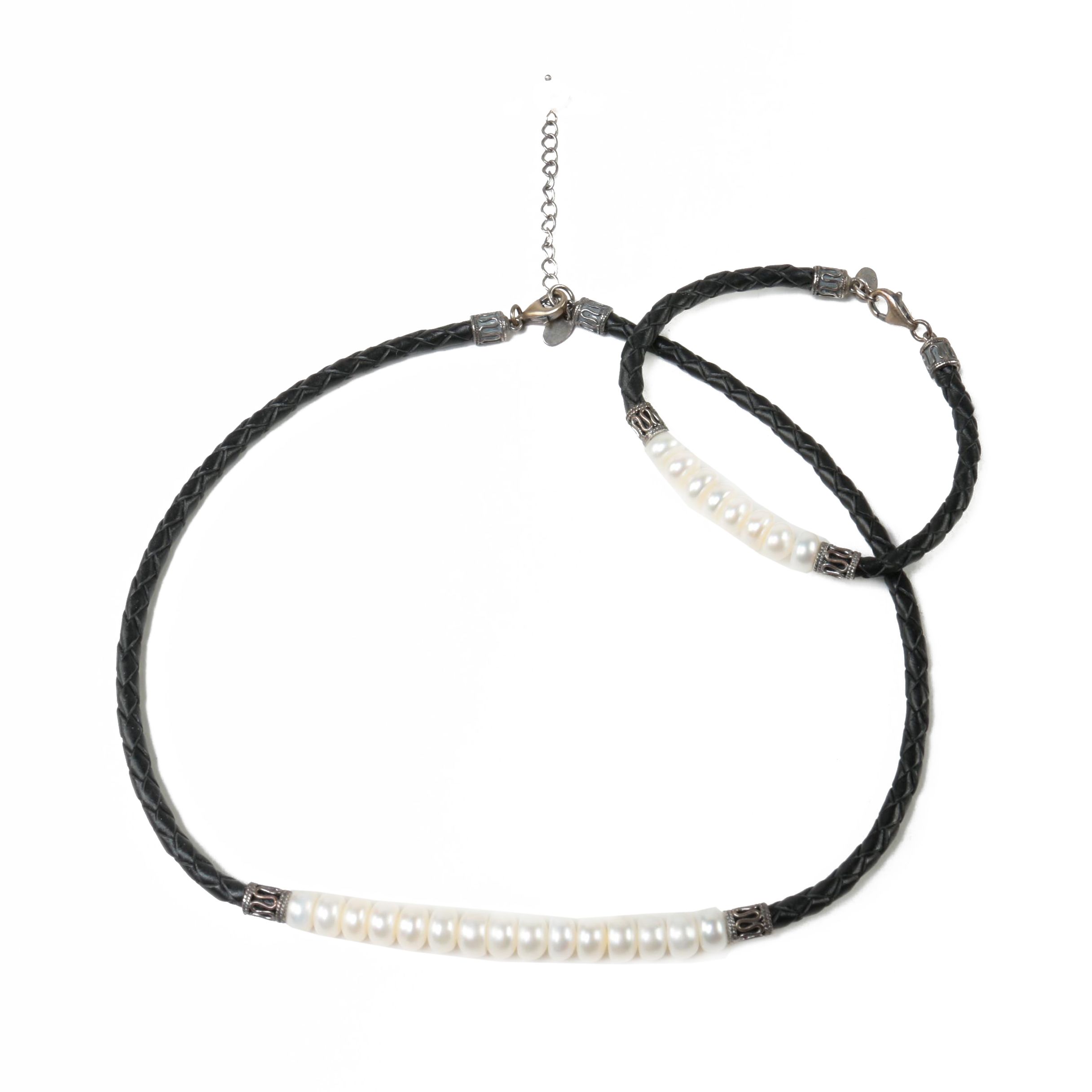 Sterling Silver Button Pearl and Leather Demi Parure