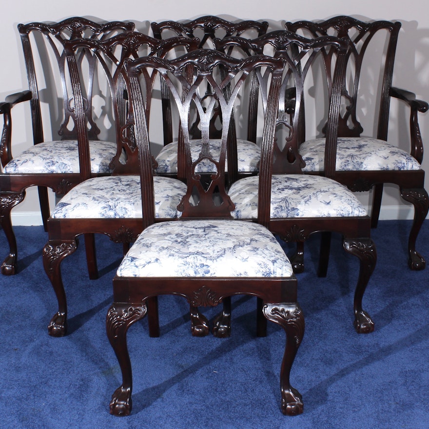 Chippendale Style Walnut Dining Chairs with Toile Uphosltery