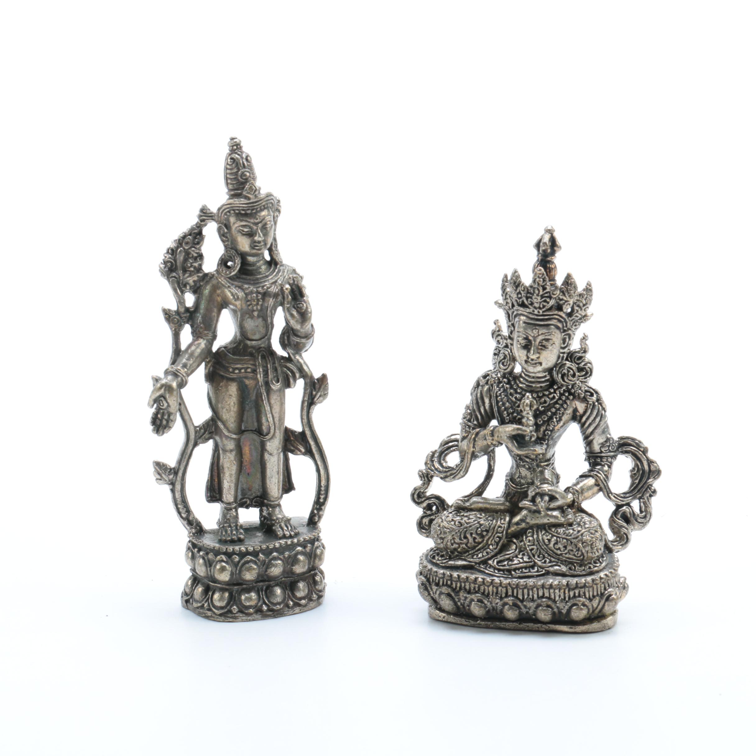 Silver Tone Metal Figurines of White Tara and Vajrasattva