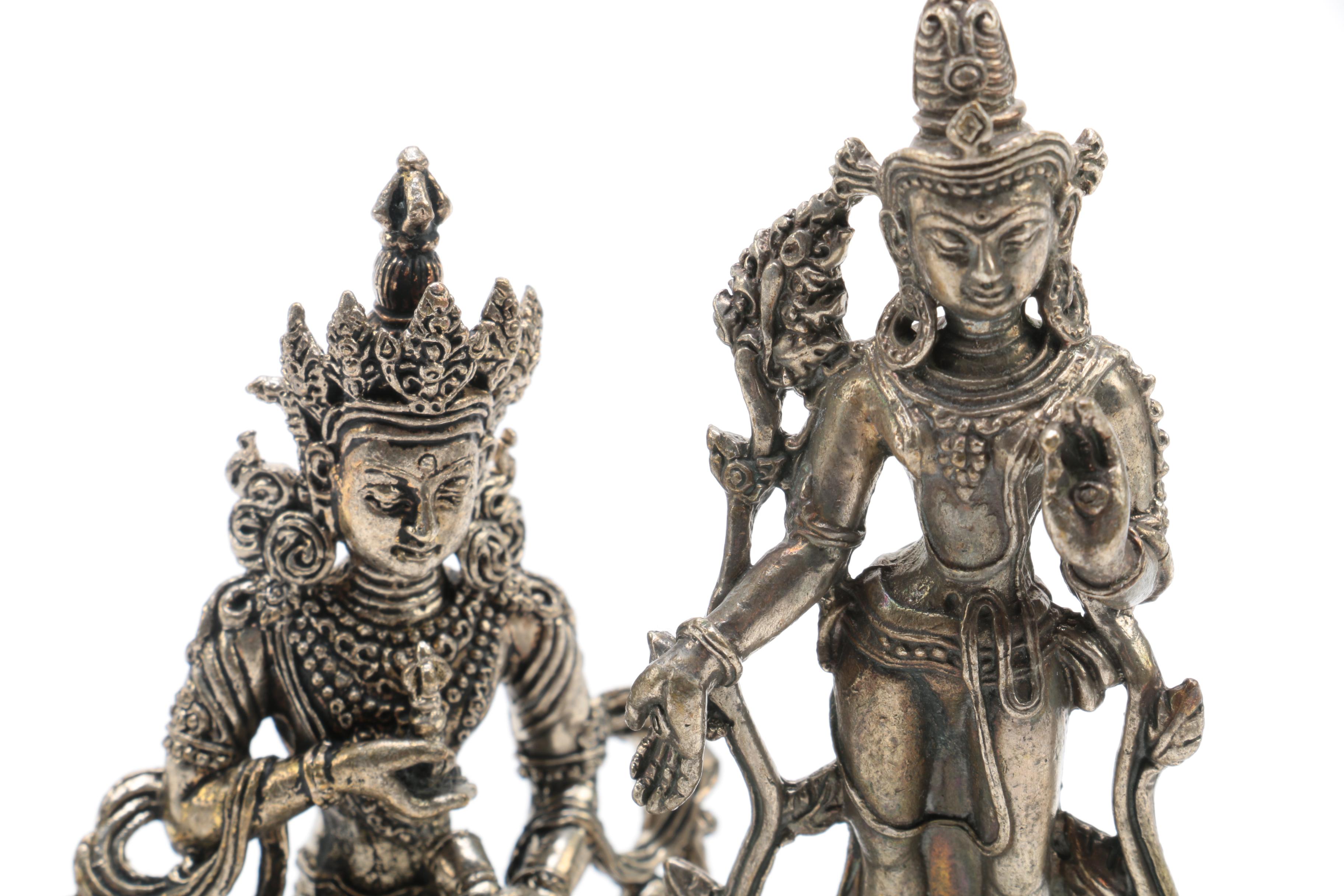 Silver Tone Metal Figurines of White Tara and Vajrasattva