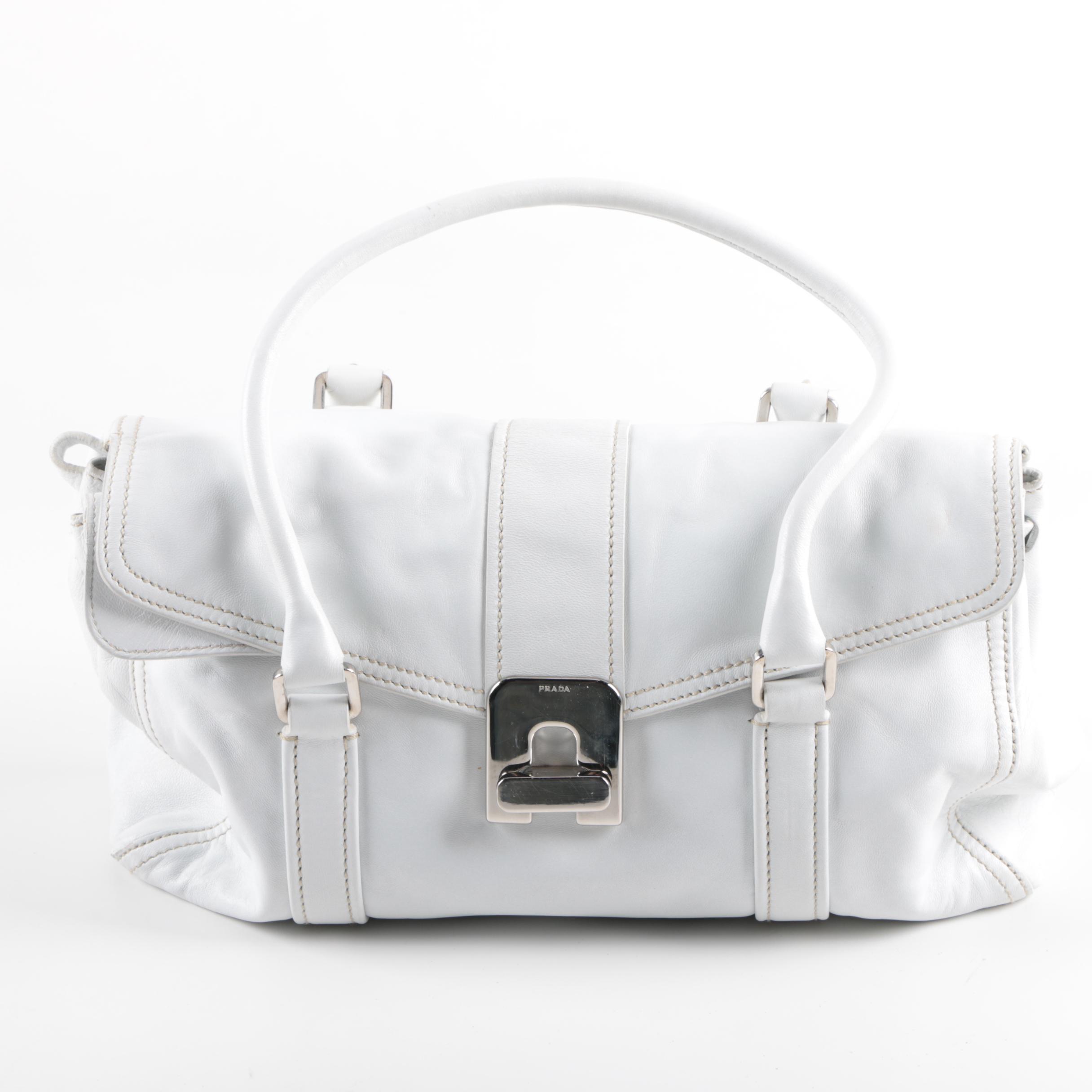 Prada White Leather Barrel Handbag