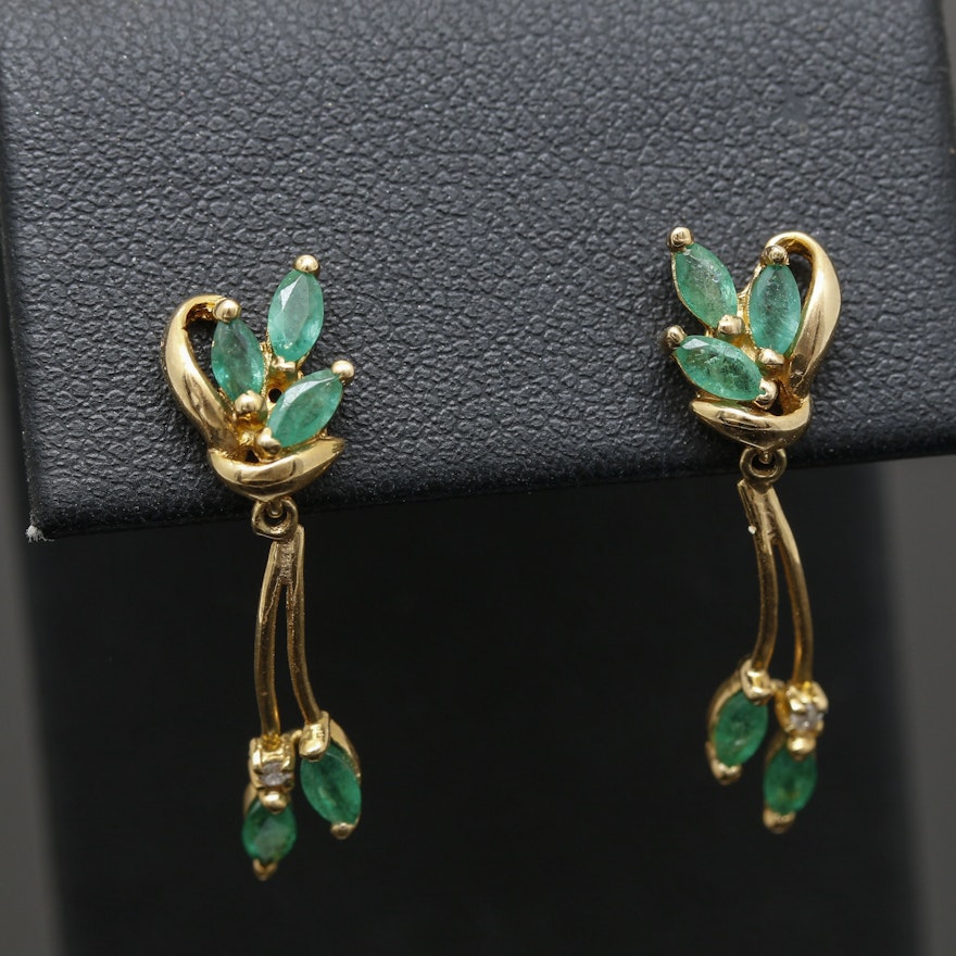 14K Yellow Gold Emerald and Diamond Dangle Earrings