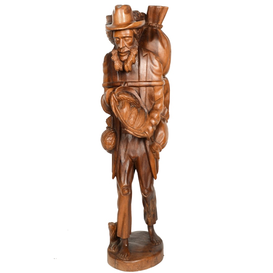 Carved Wooden Bearded Figure With Baskets