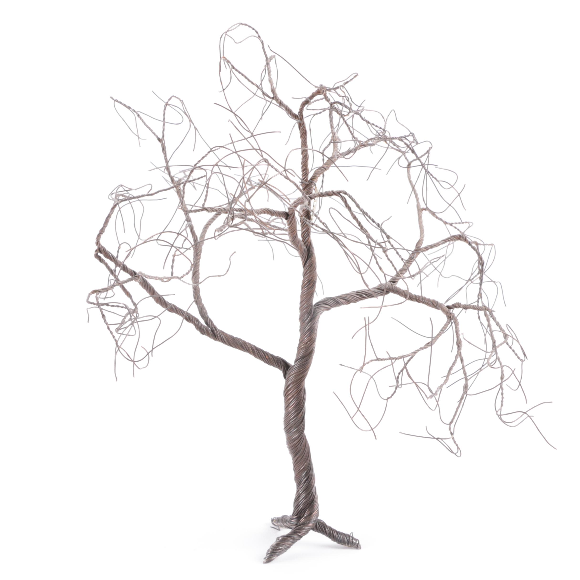 Artist Signed Hand Painted Glass and Wire Tree Sculpture