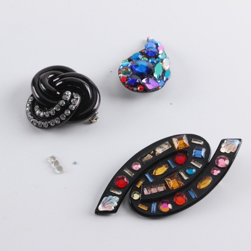 1980s Bill Schiffer Plastic Pins With Swarovski Crystals