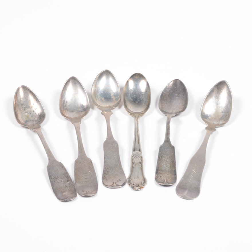 Antique E&D Kinsey Coin Silver Spoon with Other Sterling and Coin Silver Spoons