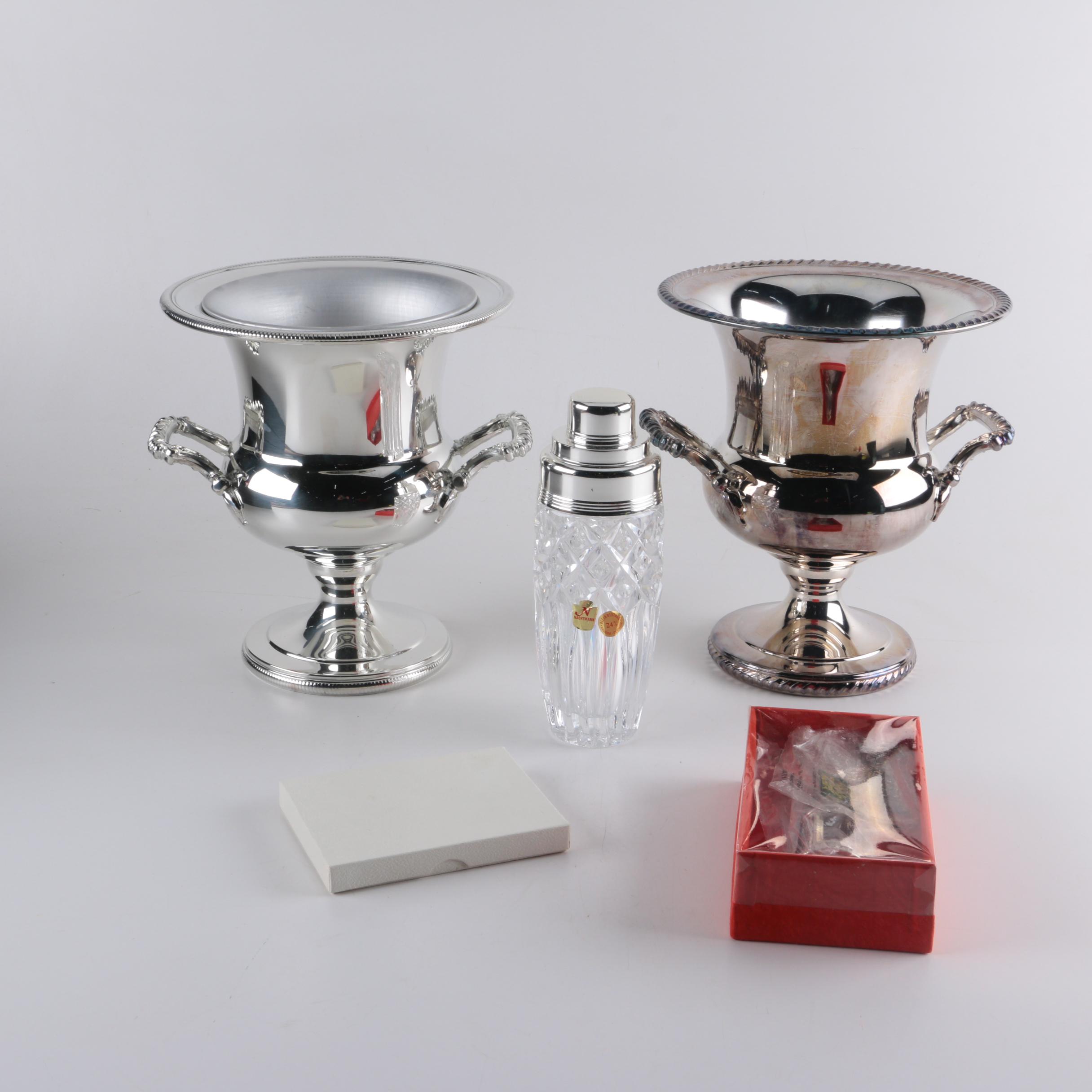 Wm Rogers Silver Plate Champagne Cooler, Nachtmann Crystal and Other Barware