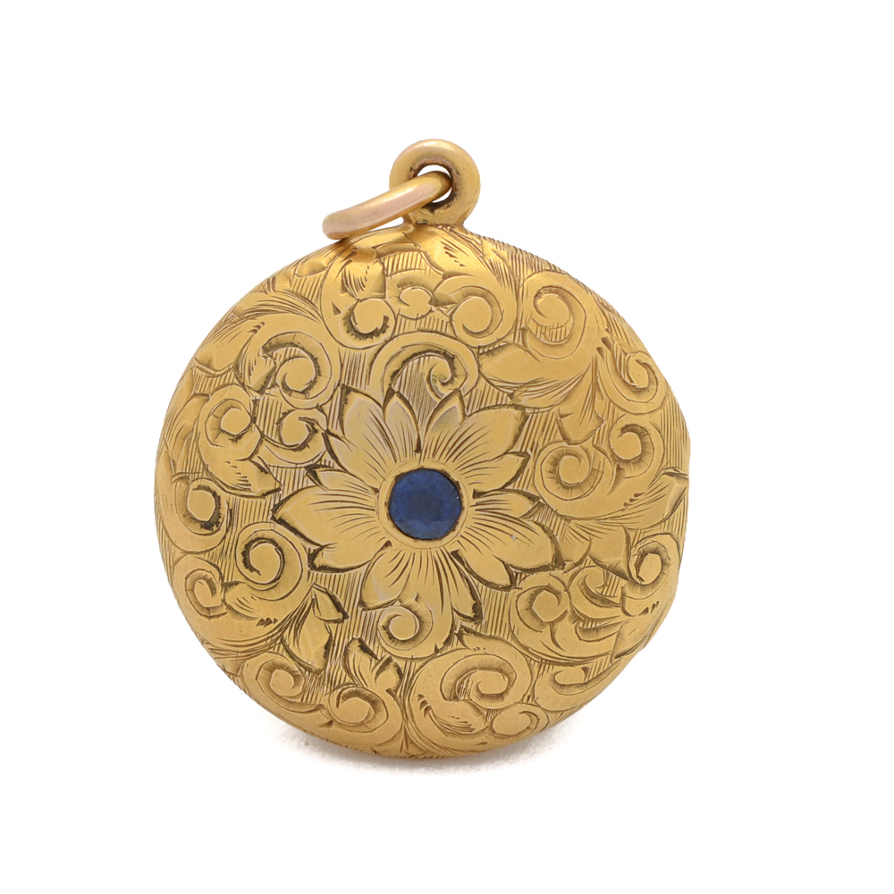 Antique 14K Yellow Gold Monogrammed Locket with Blue Sapphire