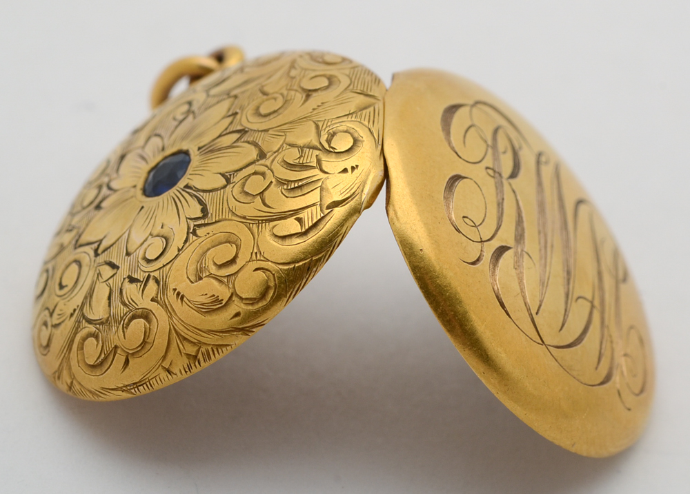 Antique 14K Yellow Gold Monogrammed Locket with Blue Sapphire