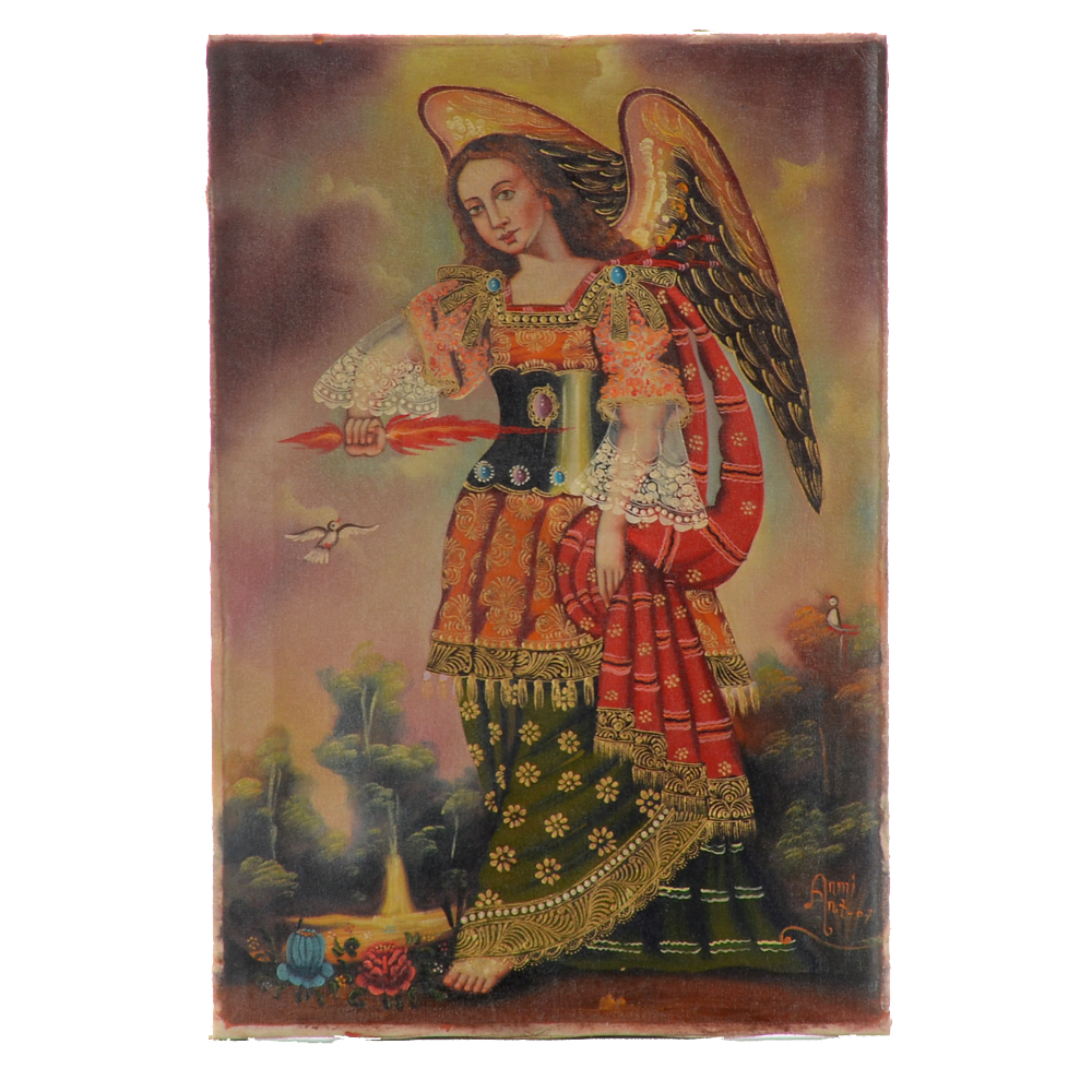 Peruvian School Oil Painting on Canvas of Angel Carrying Flame