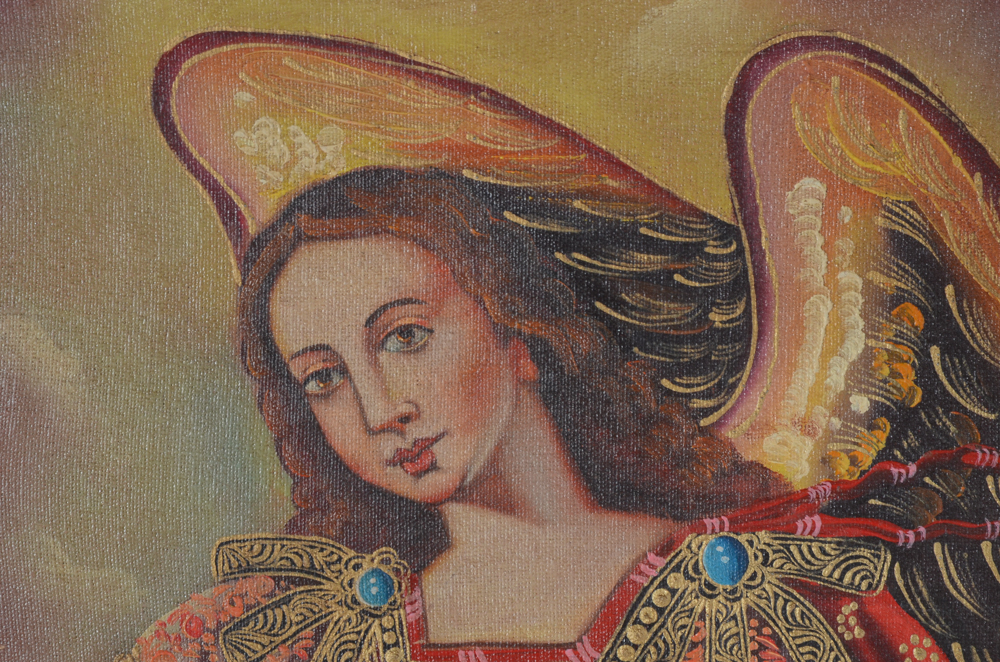 Peruvian School Oil Painting on Canvas of Angel Carrying Flame