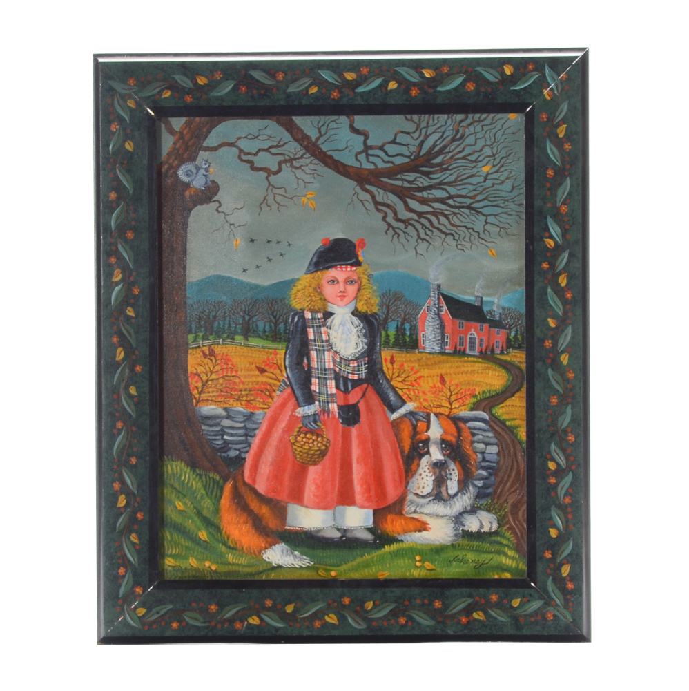 J. Cheney Original Oil Painting "Gathering Nuts"