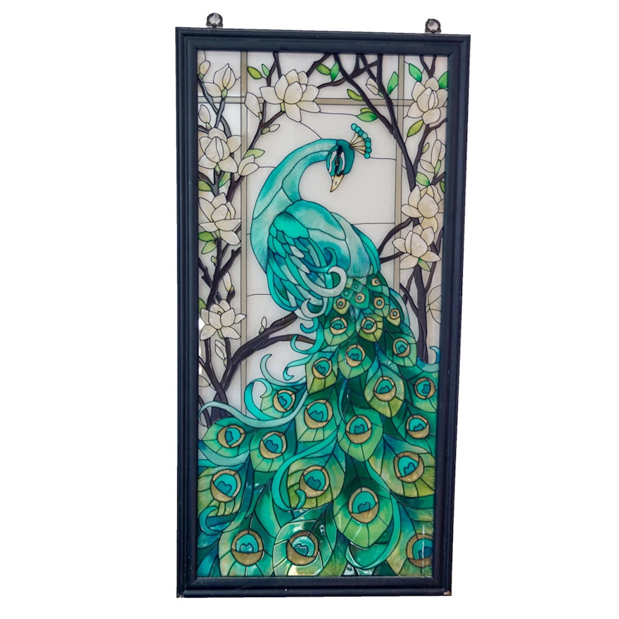 Stained Glass Style Panel with Peacock