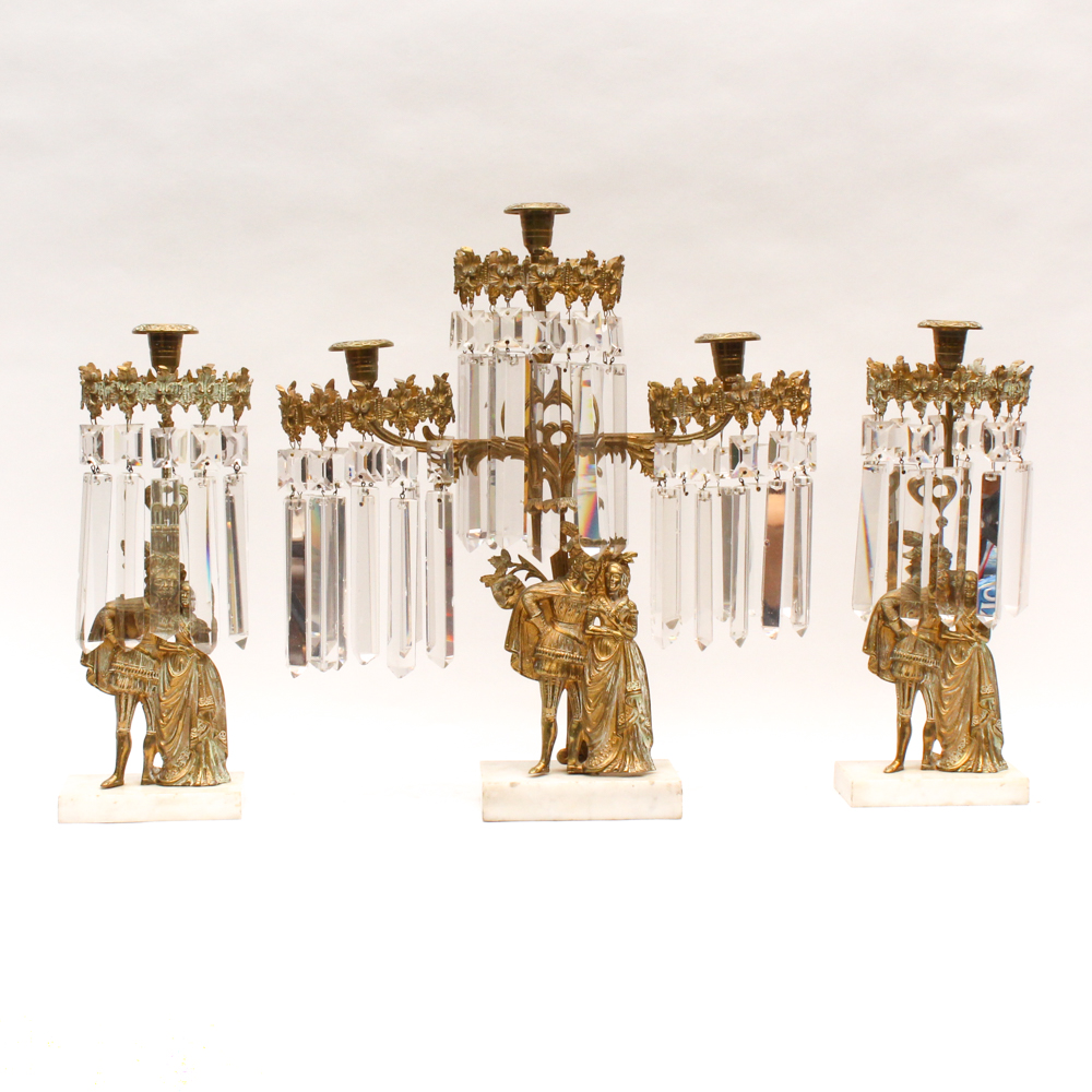 Antique “Elizabethan Man and Woman” Girandole and Candlesticks