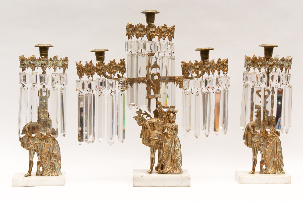 Antique “Elizabethan Man and Woman” Girandole and Candlesticks