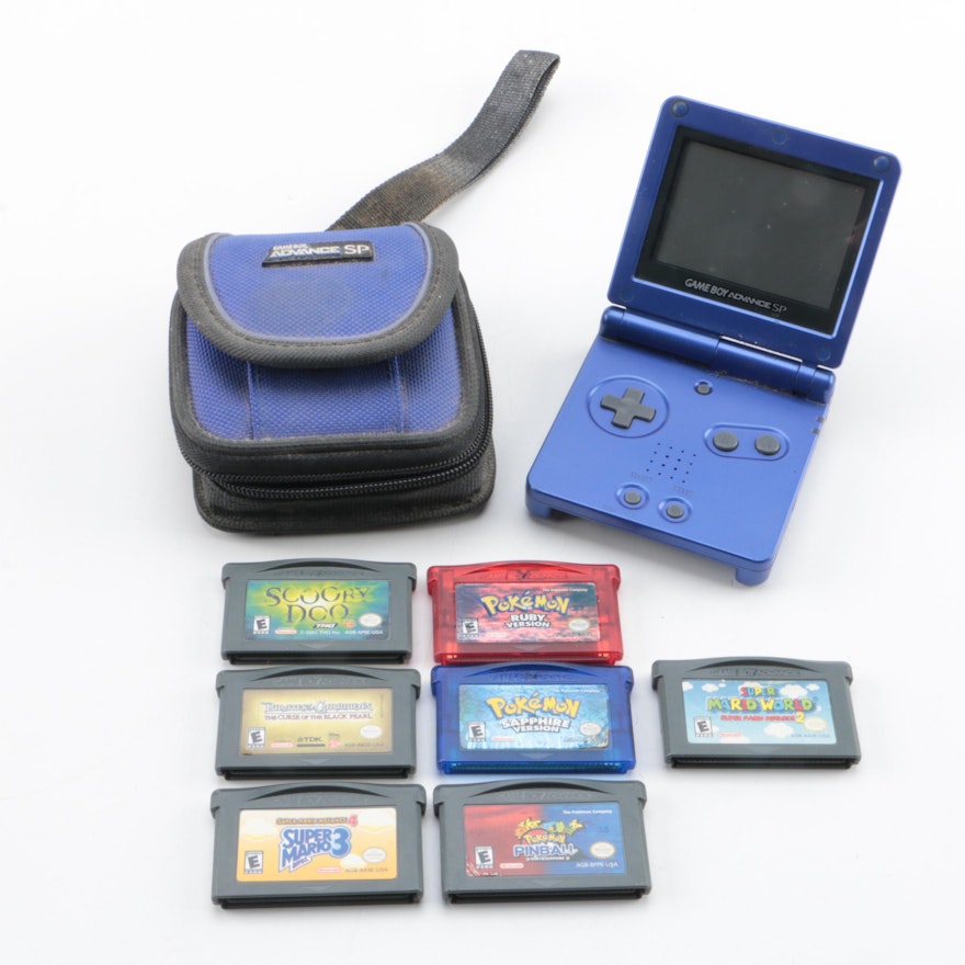 Game Boy Advance SP, Games and Case Featuring Pokémon Ruby and Sapphire