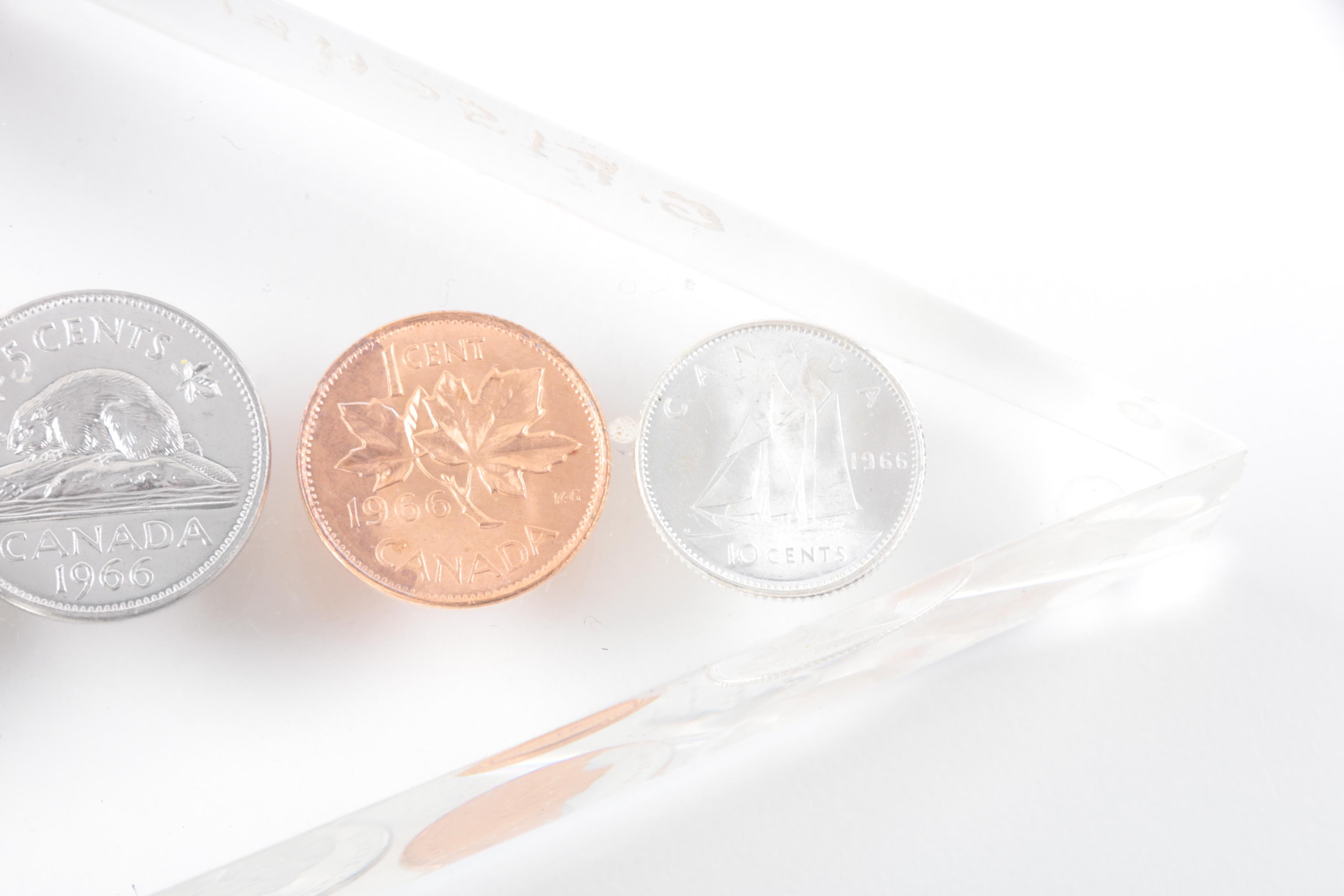 Vintage Acrylic Pen Stand with Embedded Canadian Coins