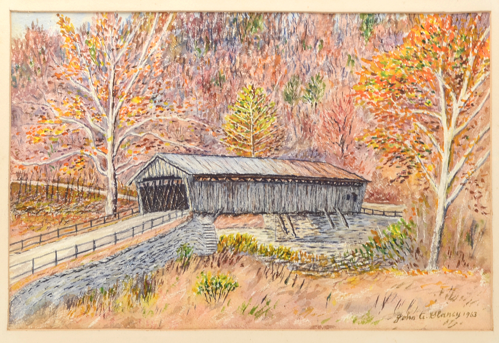 John Glancy 1963 Watercolor of A Covered Bridge