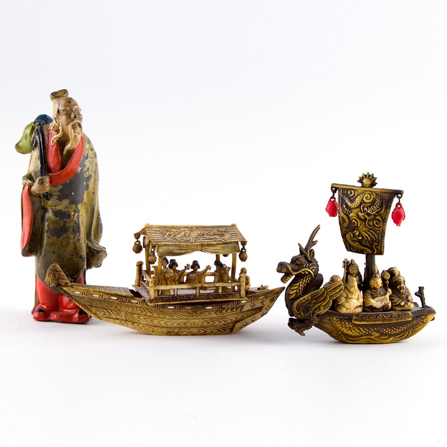 Early 20th Century Miniature Chinese Boats and Figurines