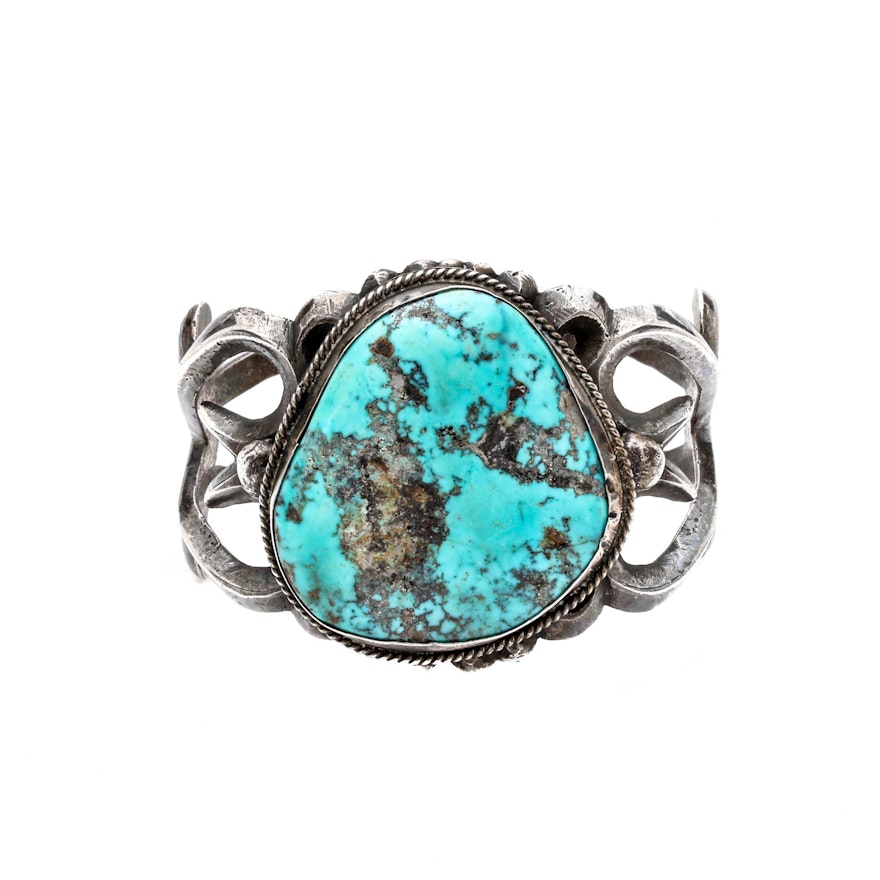 Old Pawn Style Sterling Silver Sand Cast Turquoise Cuff