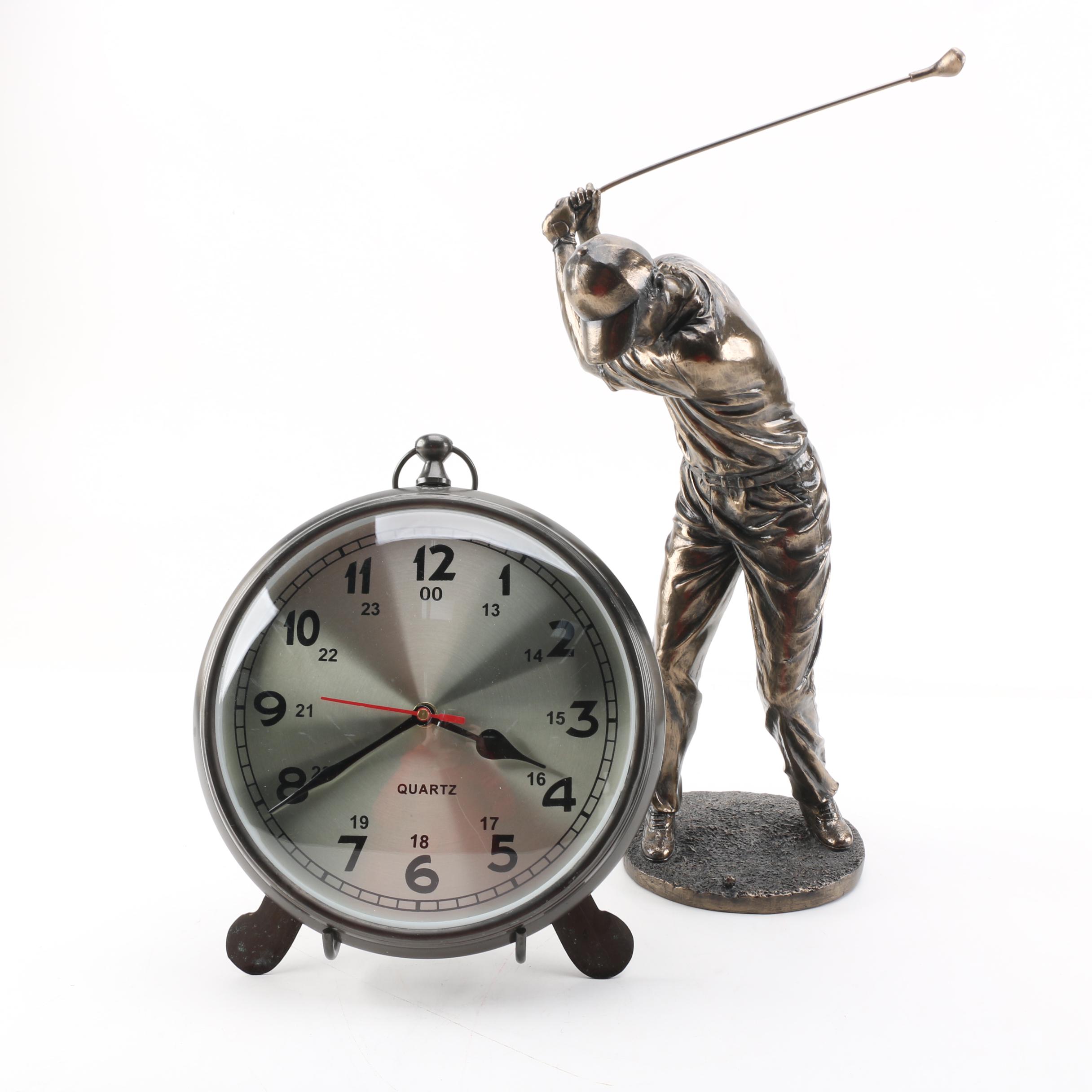 Golfer Figurine and Decorative Clock