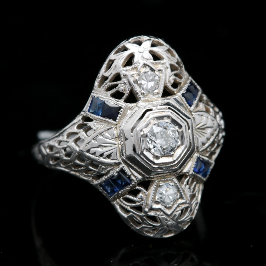 18K White Gold, Diamond and Blue Sapphire Art Deco Style Ring
