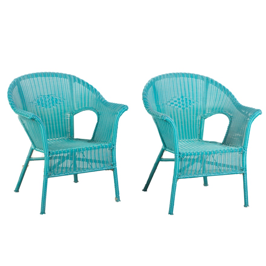 Pair of Teal Faux Wicker Woven Arm Chairs