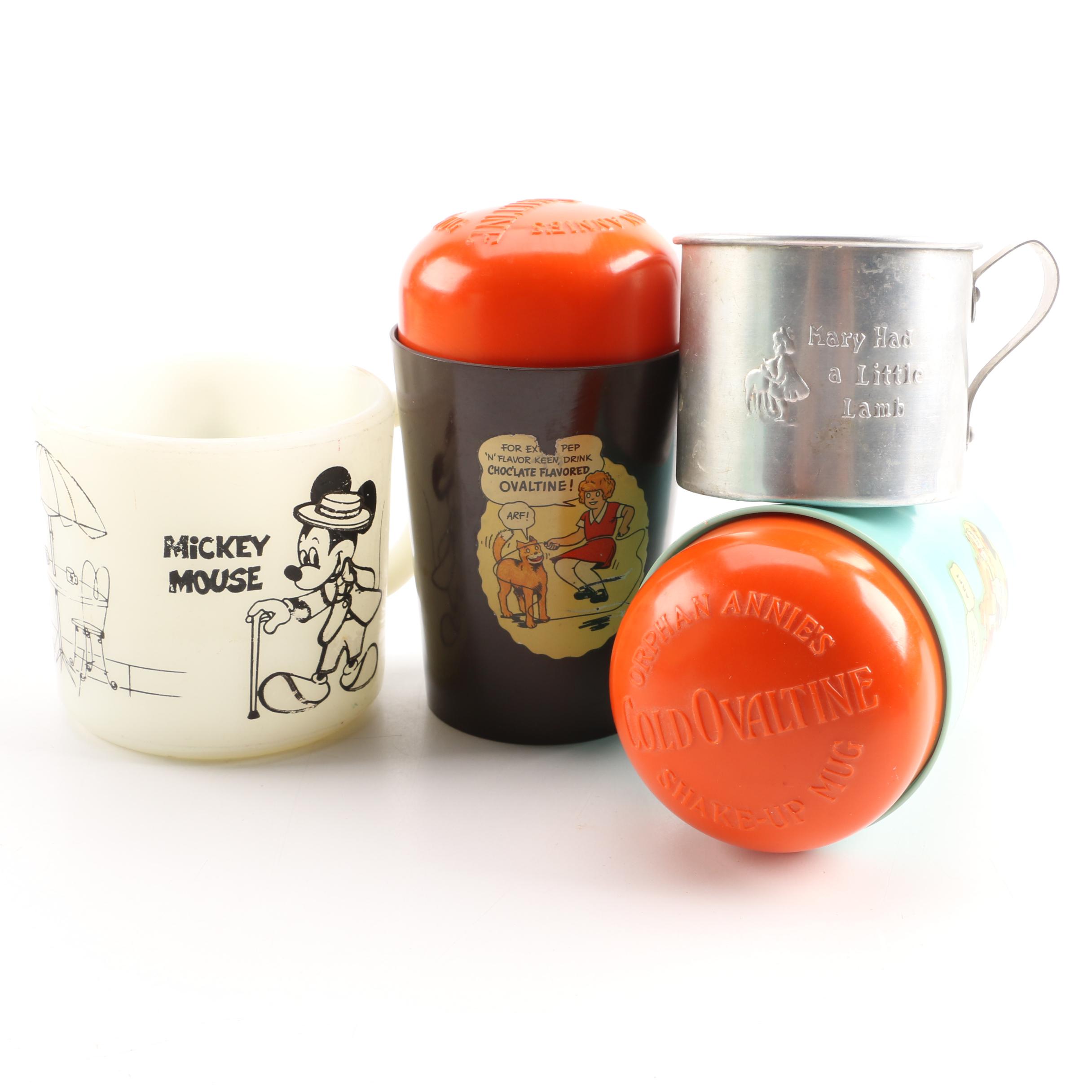 Vintage Comic Character Drinking Mugs Including Mickey and Minnie Mouse