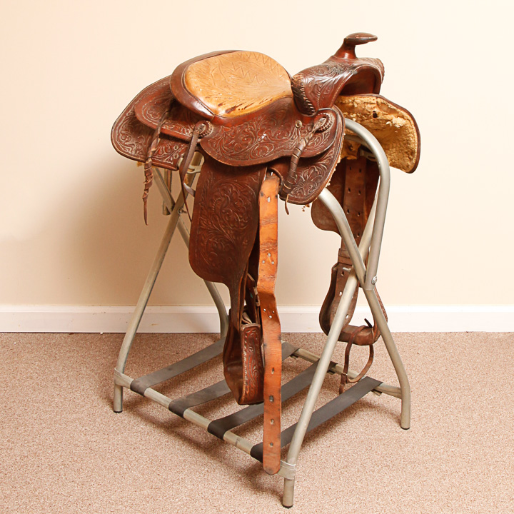 Tooled Leather Western Saddle With Portable Saddle Stand