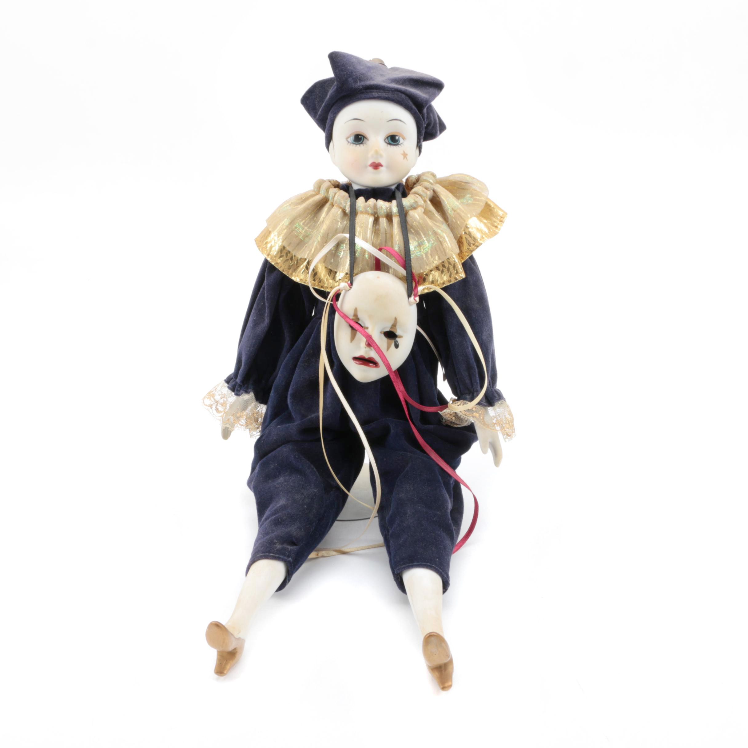 Vintage Musical Pierrot Mime Porcelain Doll