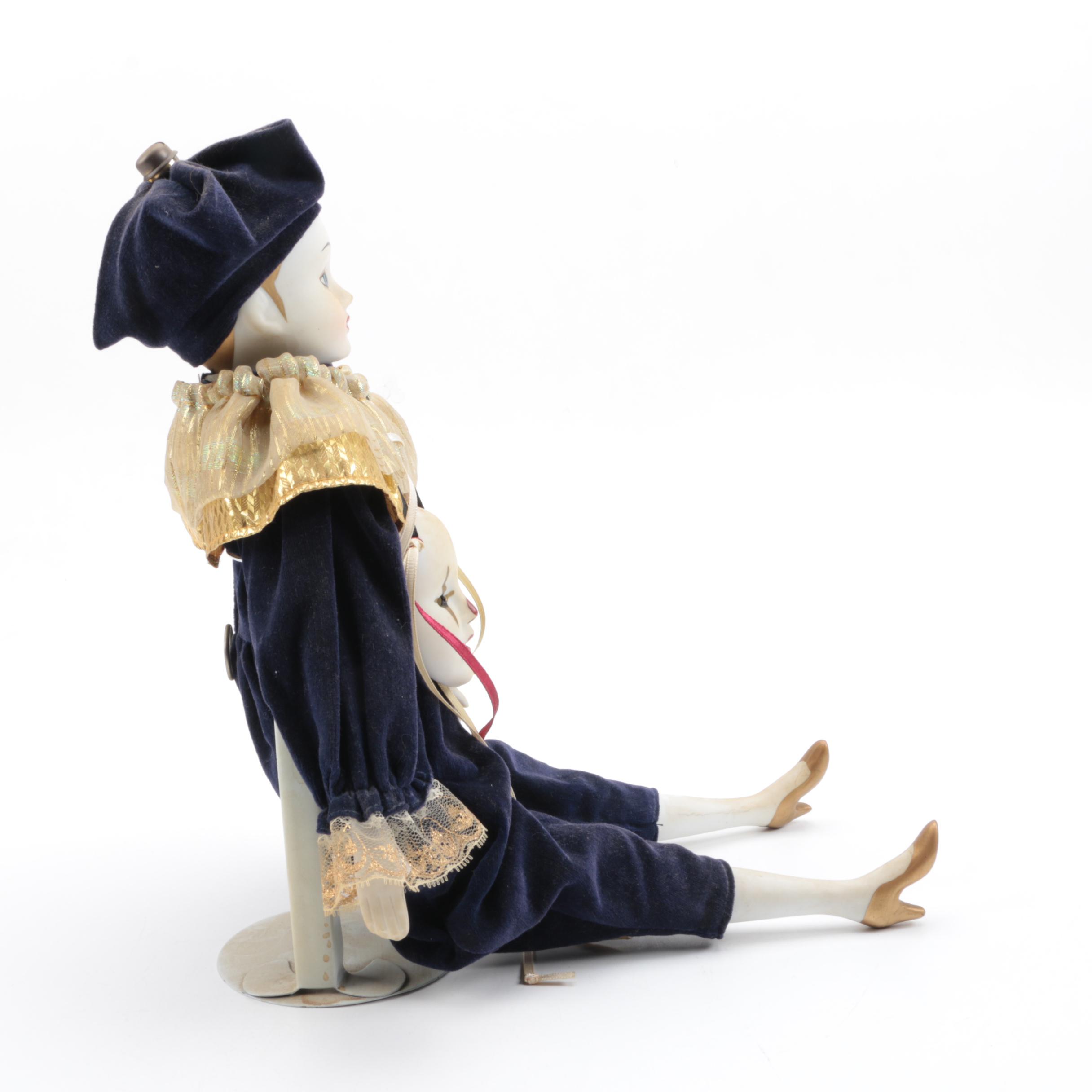 Vintage Musical Pierrot Mime Porcelain Doll