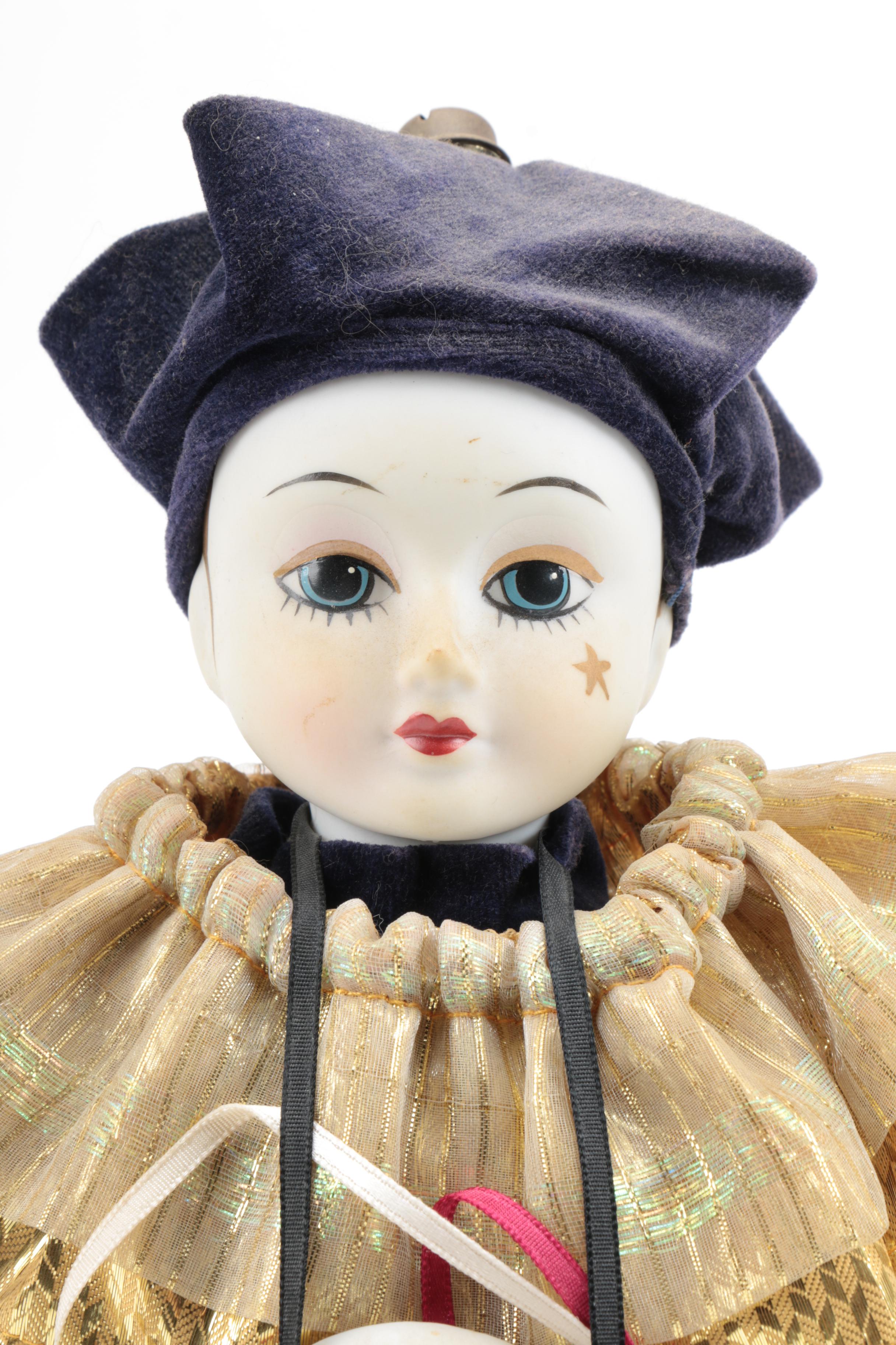 Vintage Musical Pierrot Mime Porcelain Doll