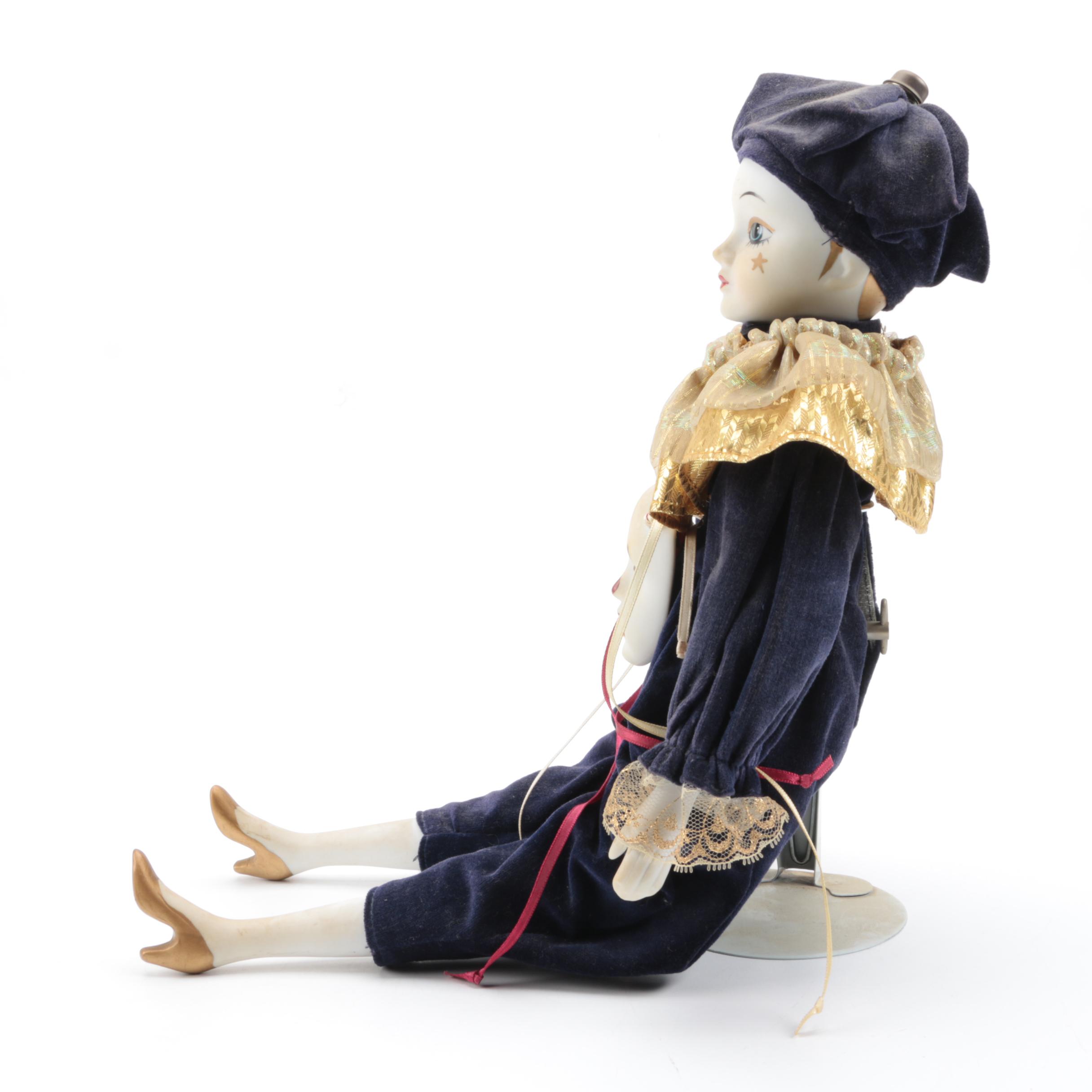Vintage Musical Pierrot Mime Porcelain Doll