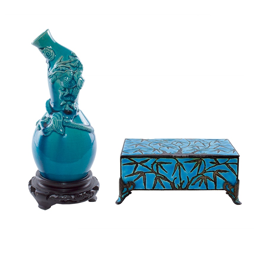 Glazed Ceramic Vase and Vintage Enamel Trinket Box