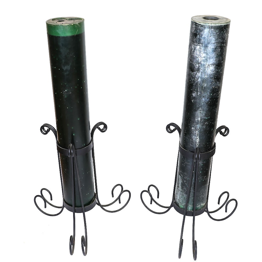 Pair of Metal Floor Candleholders with Large Pillar Candles