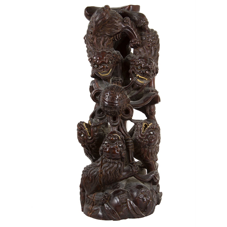Chinese Guardian Lions Rosewood Sculpture