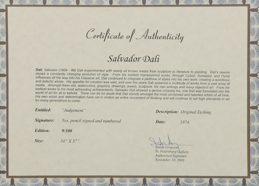 Salvador Dalí Etching "Judgement" from "Historia de Don Quichotte de la Mancha"