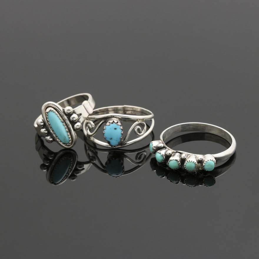 Southwestern Style Sterling Silver Turquoise Rings Including Bell Trading Post